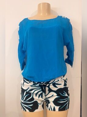 bebe Bright Blue Lightweight Blouse 100% silk Y2K